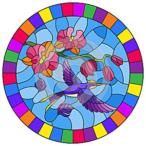 Stained glass illustration with a branch of pink Orchid and bright Hummingbird on a blue background, round image in bright frame