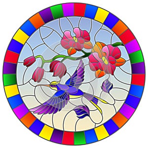 Stained glass illustration with a branch of pink  Orchid and bright Hummingbird on a sky background, round image in bright frame