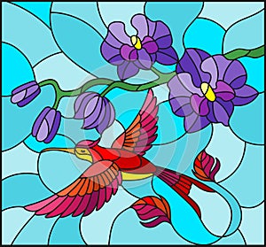 Stained glass illustration with a branch of purple Orchid and bright bird Hummingbird on a blue background