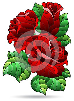 Stained glass illustration with a branch of a red rose, flower isolated on a white background