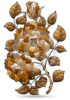 Stained glass illustration with a branch of a rose, flower isolated on a white background, tone brown