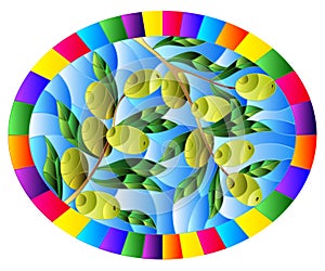 Stained glass illustration with branches of green olives on a blue sky background, oval image in a bright frame