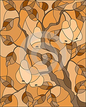 Stained glass illustration with the branches of pear tree , the fruit branches and leaves against,tone brown,Sepia