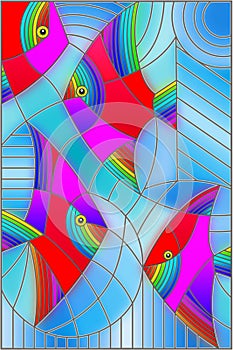 Stained glass illustration with  bright abstract fish on a geometric blue background