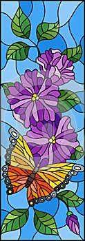 Stained glass illustration with bright butterfly against the sky, foliage and flowers,on blue background, vertical orientation