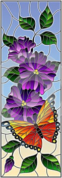 Stained glass illustration with bright butterfly against the sky, foliage and flowers,on sky background, vertical orientation