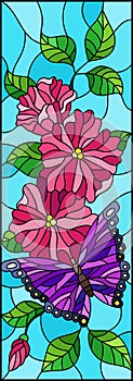 Stained glass illustration with bright butterfly against the sky, foliage and pink flowers,on blue background, vertical orientati