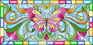 Stained glass illustration with bright butterfly and floral ornament on a blue background in a frame