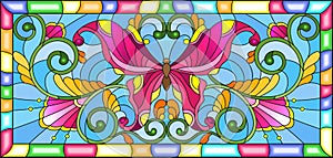 Stained glass illustration with bright butterfly and floral ornament on a blue background in a frame