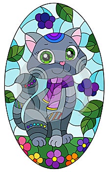 Stained glass illustration with bright cartoon cat against a blue sky and berries, oval image