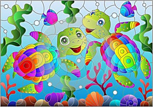 Stained glass illustration with  bright cartoon turtles on the background of the sea floor, fish and water