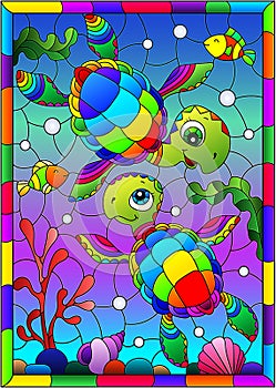 Stained glass illustration with bright cartoon turtles on the background of the sea floor, fish and water, in a bright frame