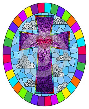 Stained glass illustration with a bright Christian cross on a background of sky and clouds, oval image in bright frame