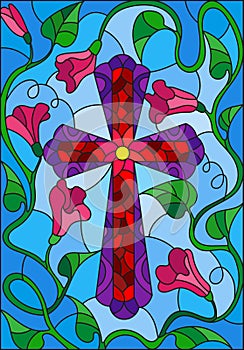 Stained glass illustration with a bright cross in the sky and pink flowers