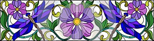 Stained glass illustration with bright dragonflyes , floral ornament and purple flowers on a light background