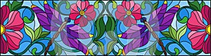 Stained glass illustration with bright dragonflys, flowers and leaves, on a blue background