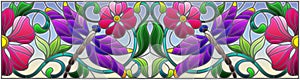 Stained glass illustration  with bright dragonflys, flowers and leaves, on a blue background