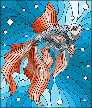 Stained glass illustration with bright gold fish on the background of water and air bubbles