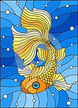 Stained glass illustration with bright gold fish on the background of water and air bubbles