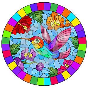 Stained glass illustration with  a bright Hummingbird bird on the background of the sky and flowers of orchids and hibiscus, oval