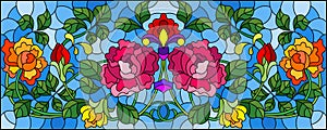 Stained glass illustration with bright intertwined roses on a blue background, horizontal orientation