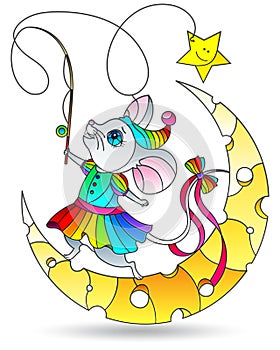 Stained glass illustration with  a bright mouse with a fishing rod on the moon, isolated on a white background