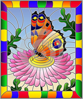 Stained glass illustration with a bright orange butterfly on a pink flower, rectangular image in a bright frame