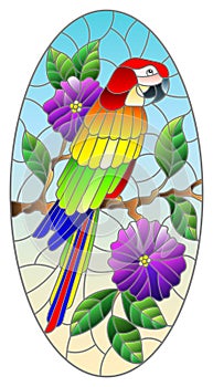 Stained glass illustration with  a bright parrot on a background of flowers and blue sky, oval image