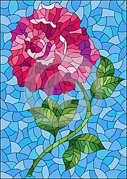 Stained glass illustration with a bright pink rose flower on a blue background, rectangular image
