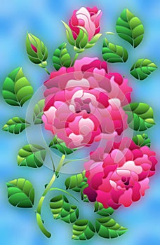 Stained glass illustration with a bright pink roses flowers on a blue background, rectangular image