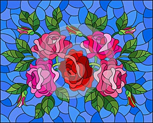 Stained glass illustration with  a bright pink roses flowers on a blue background, rectangular image
