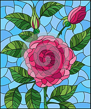 Stained glass illustration with a bright pink roses flowers on a blue background, rectangular image