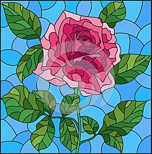 Stained glass illustration with  a bright pink roses flowers on a blue background, rectangular image