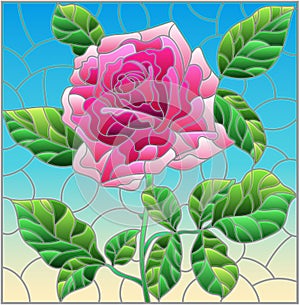 Stained glass illustration with  a bright pink roses flowers on a blue background, rectangular image