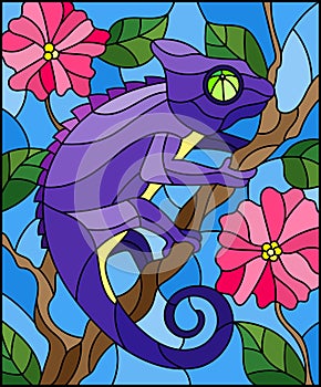 Stained glass illustration with bright purple chameleon on plant branches background with leaves and flowers on blue background