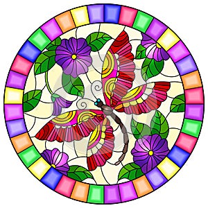 Stained glass illustration with  a bright purple flowers and pink dragonfly on a yellow background, round image in bright frame