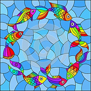 Stained glass illustration with  bright rainbow abstract fish on a blue background
