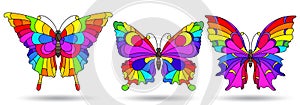 Stained glass illustration with  bright rainbow butterflies, insects isolated on a white background