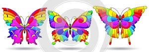 Stained glass illustration with  bright rainbow butterflies, insects isolated on a white background