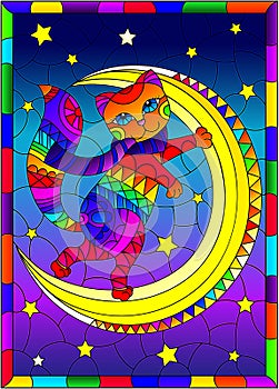 Stained glass illustration with  a bright rainbow cat on the moon against the background of the starry night sky, a rectangular im