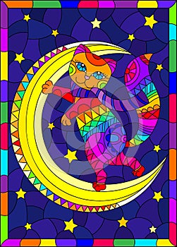 Stained glass illustration with a bright rainbow cat on the moon against the background of the starry night sky, a rectangular ima