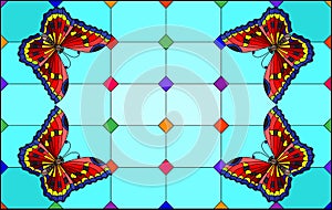 Stained glass illustration with  bright red butterflies on a segmented window background, on a blue background