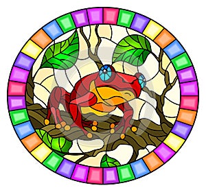 Stained glass illustration with  bright red frog on plant branches background with leaves  on yellow background, round image in br