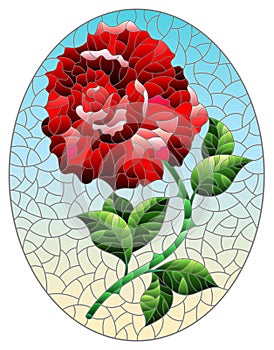 Stained glass illustration with  a bright red rose flower on a blue background, oval image