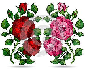 Stained glass illustration with  bright rose flowers, isolated on a white background