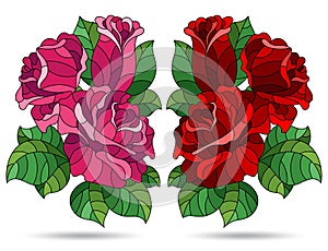 Stained glass illustration with  bright rose flowers, isolated on a white background