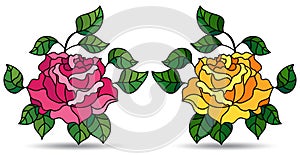 Stained glass illustration with  bright rose flowers, isolated on a white background