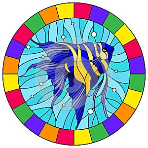 Stained glass illustration with bright scalar fish on the background of water and air bubbles, round image in frame photo