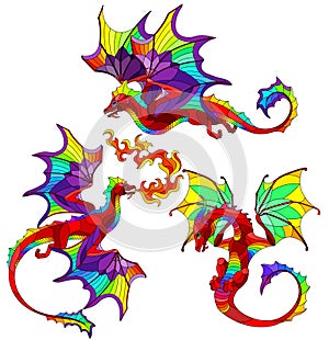 Stained glass illustration with bright winged dragons, isolates on white background