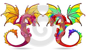 Stained glass illustration with bright winged dragons, isolates on white background